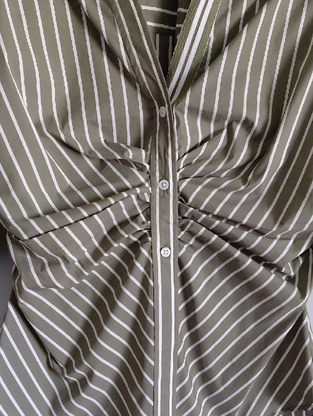 Veronica Beard Green Devra Ruched Striped Stretch-Cotton Button-Front Top - Picture 5 of 12